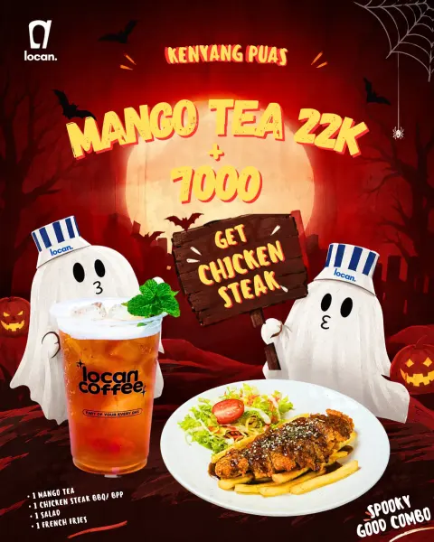 Poster promo Kenyang Puas: Mango Tea Rp22.000 + Rp7.000 dapat chicken steak