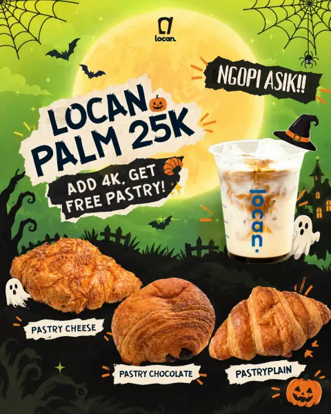 Poster promo Ngopi Asik: Locan Palm Rp25.000, tambah Rp4.000 dapat pastry